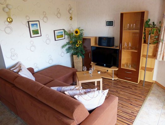Wohnbereich mit moderner Couch und Flachbild-TV